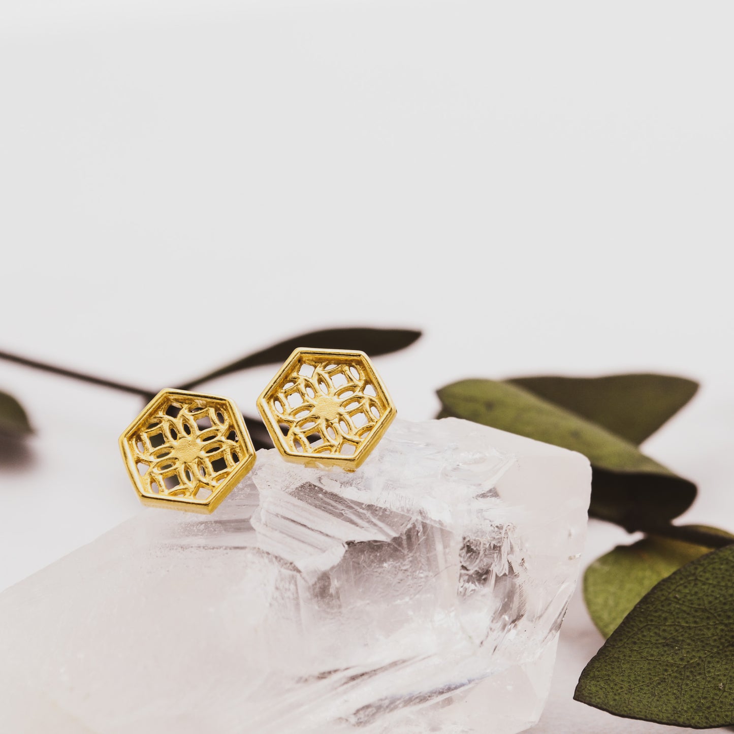 Gold Hexagon Lace Filigree Stud Earrings