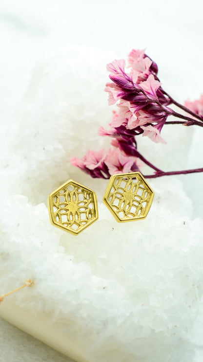 Gold Hexagon Lace Filigree Stud Earrings