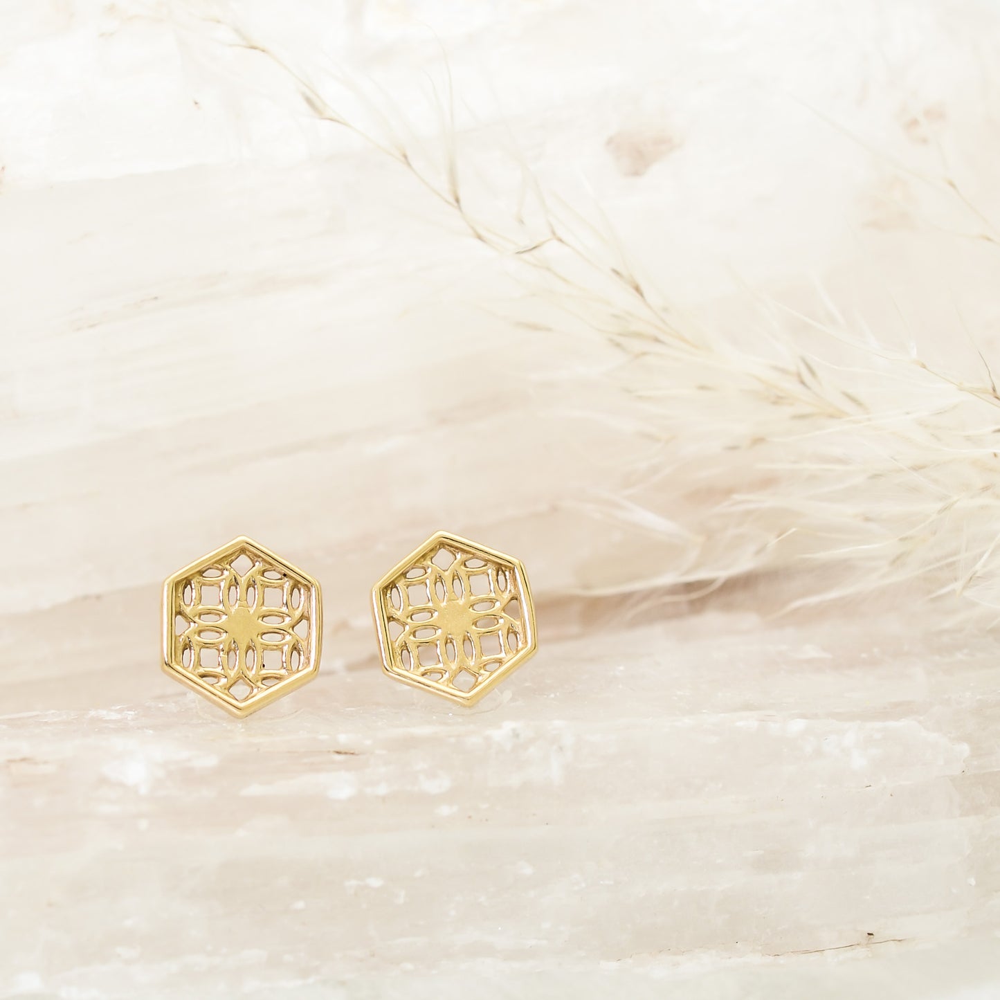 Gold Hexagon Lace Filigree Stud Earrings