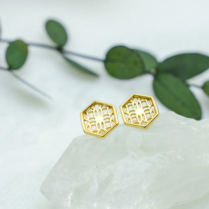 Gold Hexagon Lace Filigree Stud Earrings