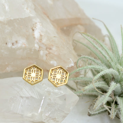 Gold Hexagon Lace Filigree Stud Earrings