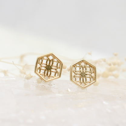 Gold Hexagon Lace Filigree Stud Earrings