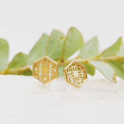 Gold Hexagon Lace Filigree Stud Earrings