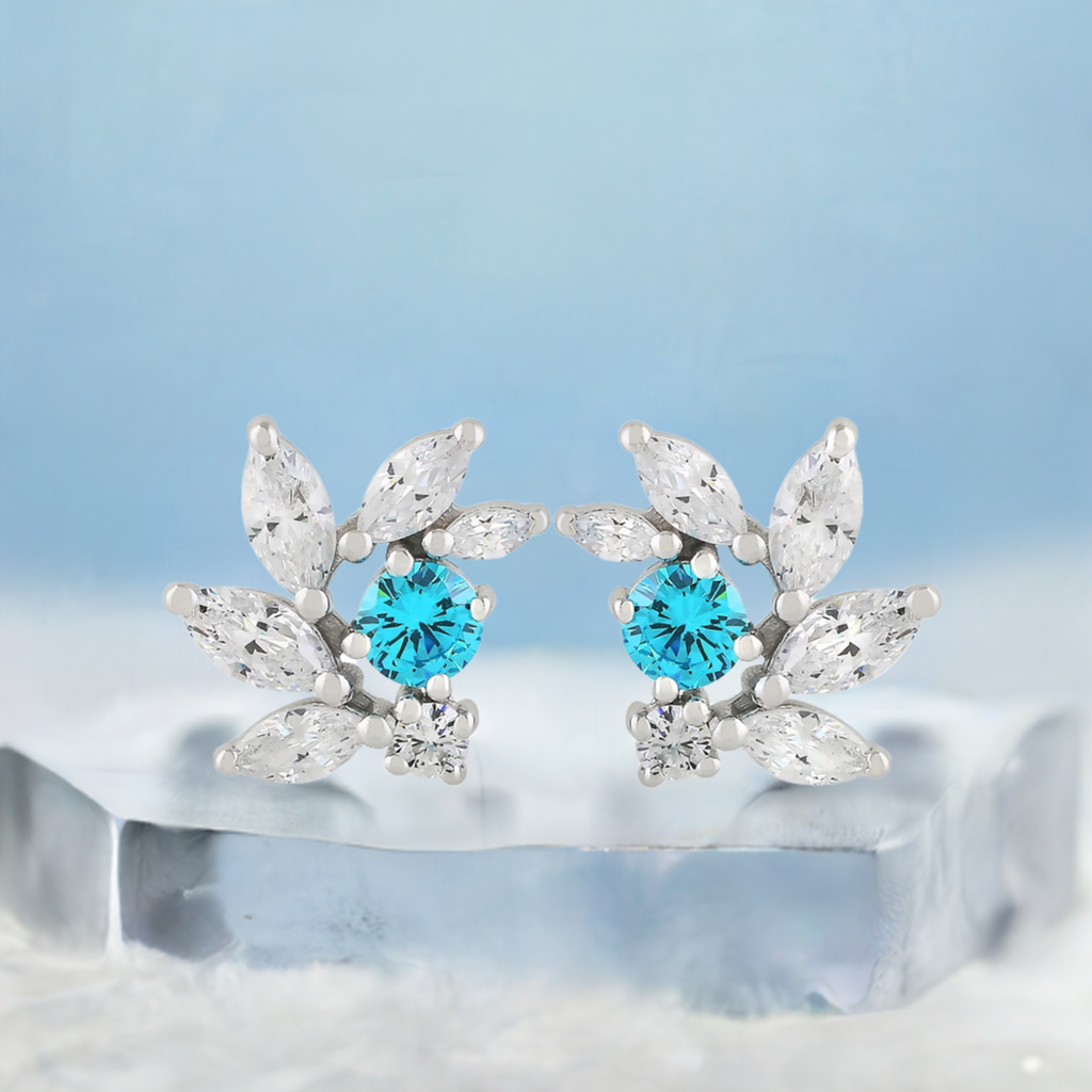 Deep Aquamarine CZ Bridal Earrings in Silver