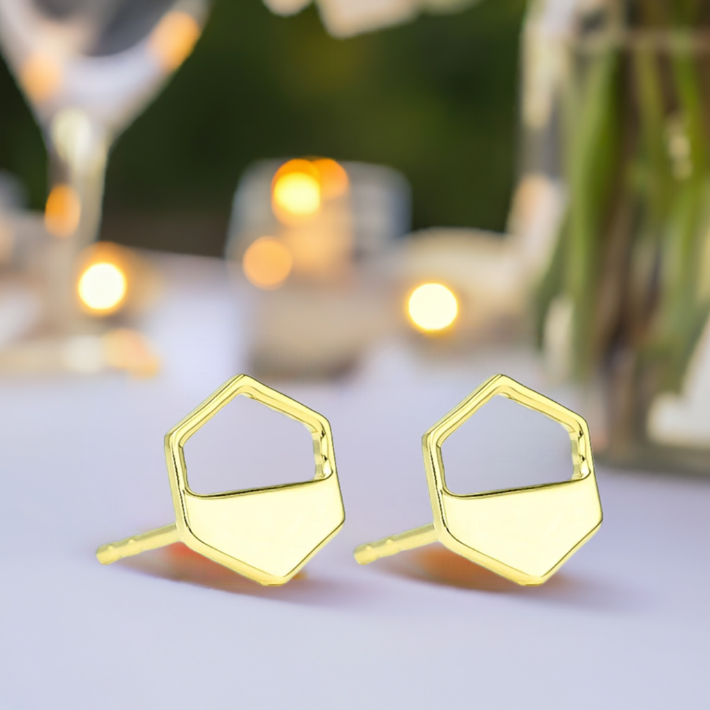 Gold Hexagon Cutout Stud Earrings