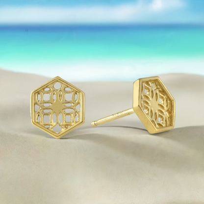 Gold Hexagon Lace Filigree Stud Earrings