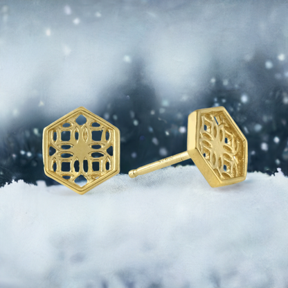 Gold Hexagon Lace Filigree Stud Earrings