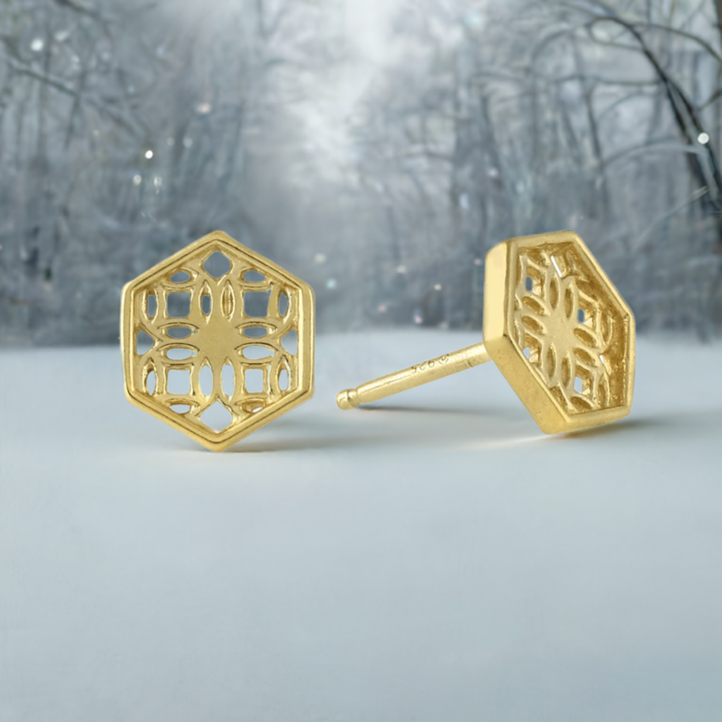 Gold Hexagon Lace Filigree Stud Earrings