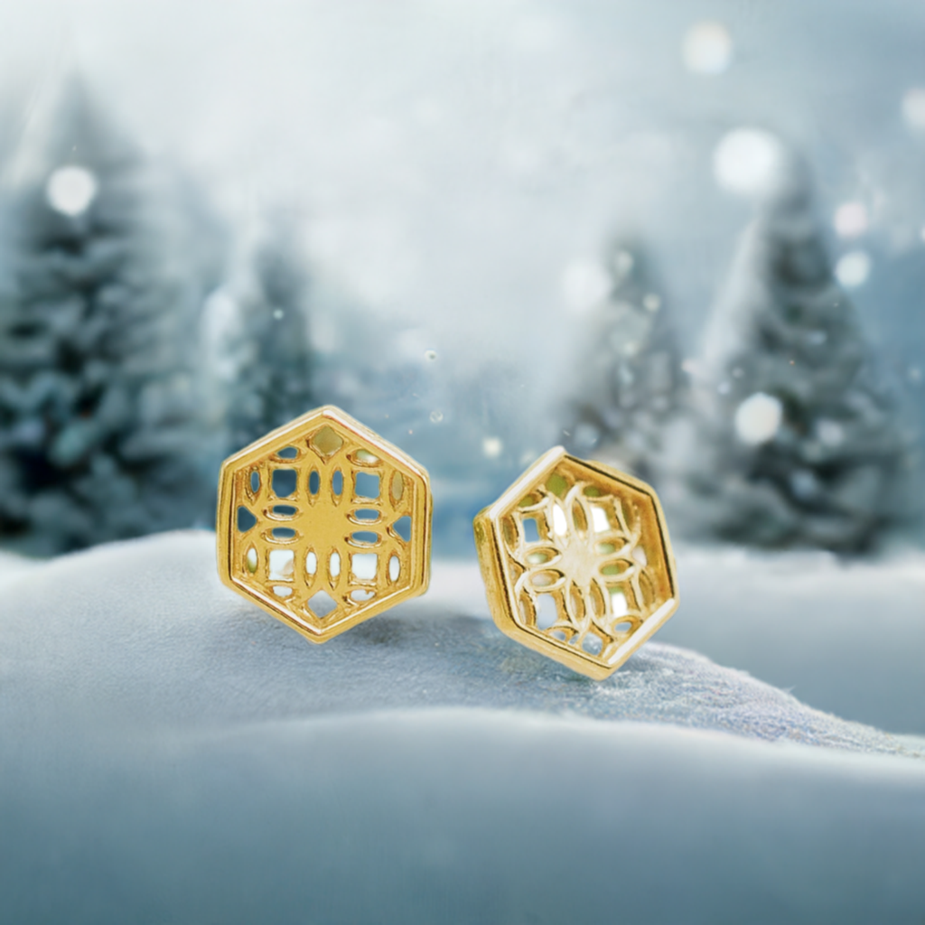 Gold Hexagon Lace Filigree Stud Earrings