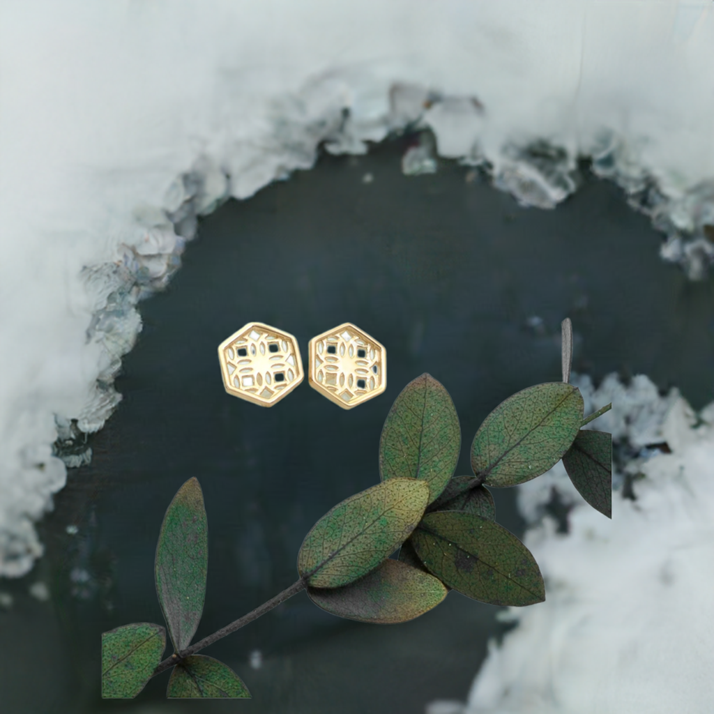 Gold Hexagon Lace Filigree Stud Earrings