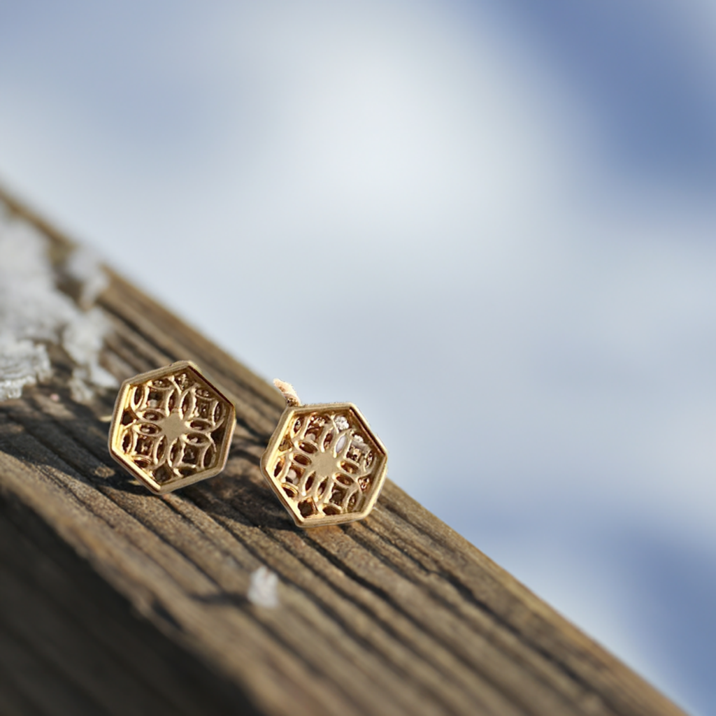 Gold Hexagon Lace Filigree Stud Earrings