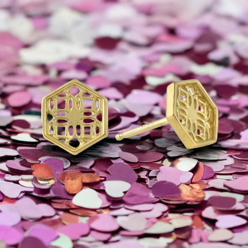 Gold Hexagon Lace Filigree Stud Earrings