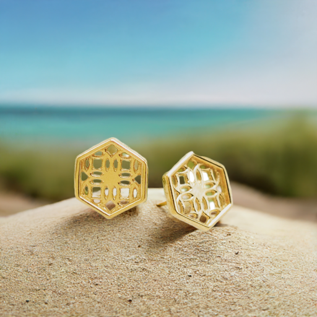 Gold Hexagon Lace Filigree Stud Earrings