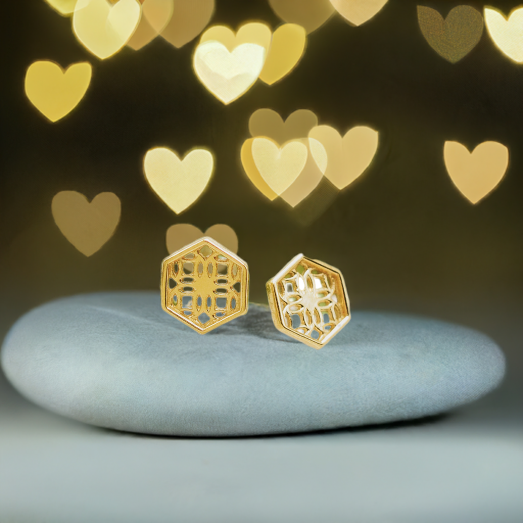 Gold Hexagon Lace Filigree Stud Earrings