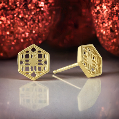 Gold Hexagon Lace Filigree Stud Earrings