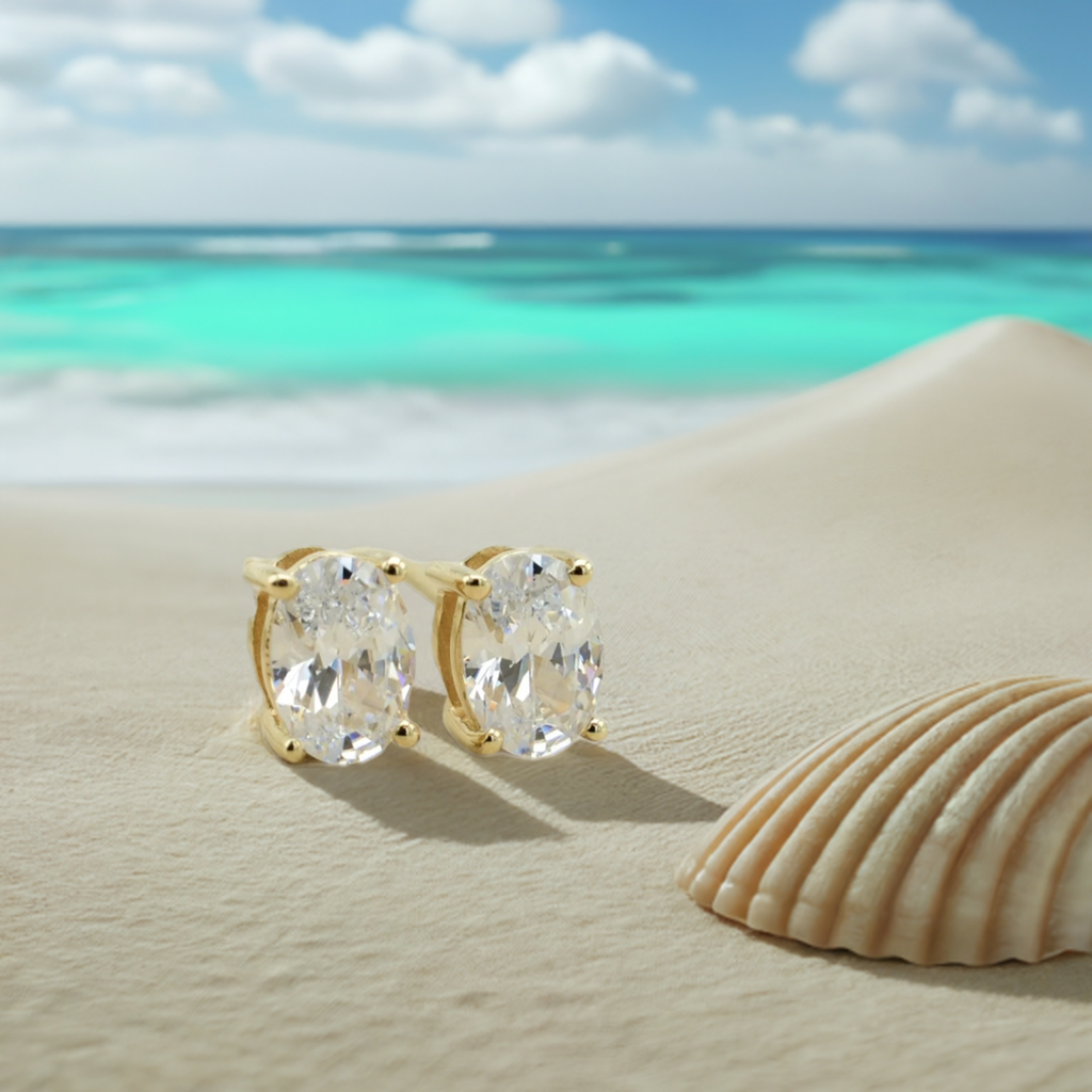 Gold Oval CZ Stud Earrings