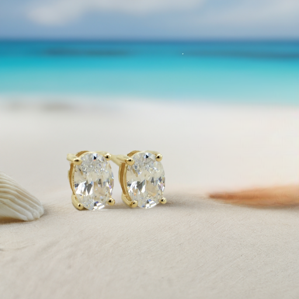 Gold Oval CZ Stud Earrings