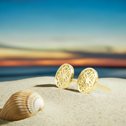 Gold Stud Earrings with Round Filigree