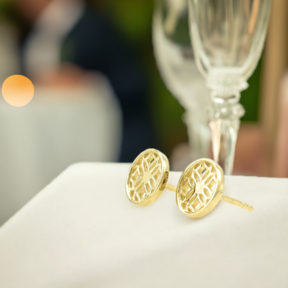 Gold Stud Earrings with Round Filigree