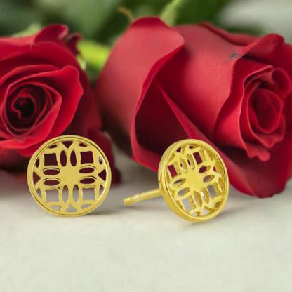 Gold Stud Earrings with Round Filigree