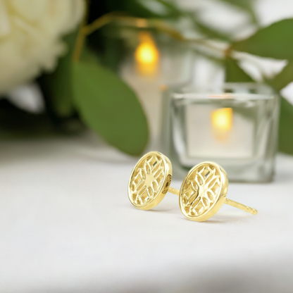 Gold Stud Earrings with Round Filigree