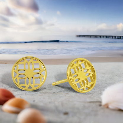 Gold Stud Earrings with Round Filigree