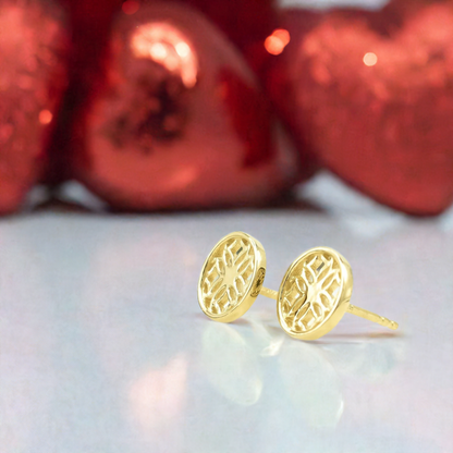 Gold Stud Earrings with Round Filigree