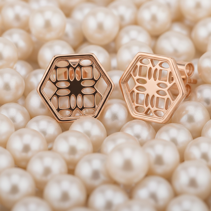 Rose Gold Stud Earrings with Hexagon Filigree