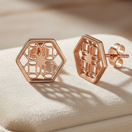 Rose Gold Stud Earrings with Hexagon Filigree