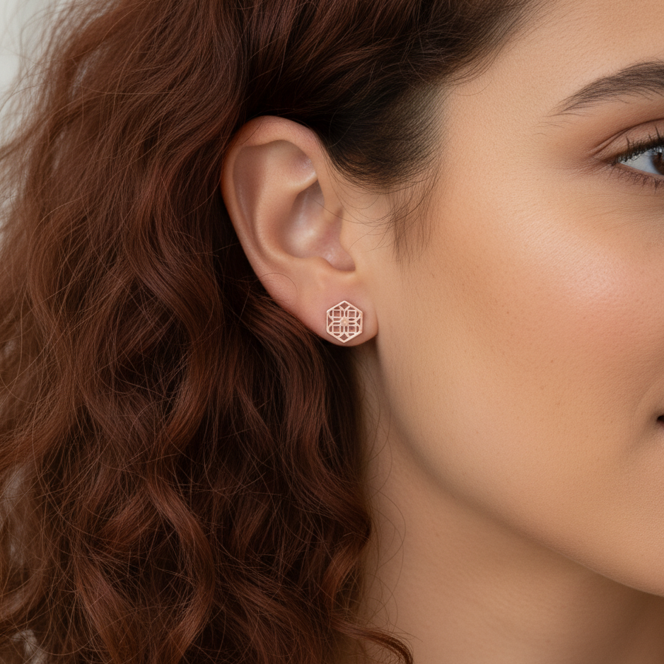 Rose Gold Stud Earrings with Hexagon Filigree