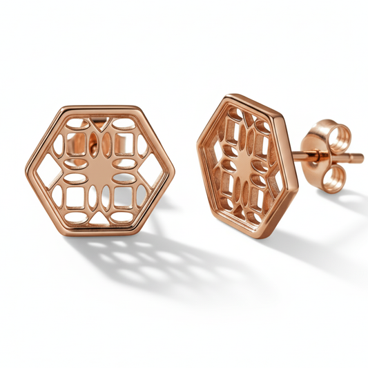 Rose Gold Stud Earrings with Hexagon Filigree