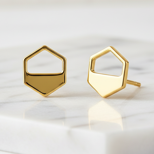 Gold Hexagon Cutout Stud Earrings