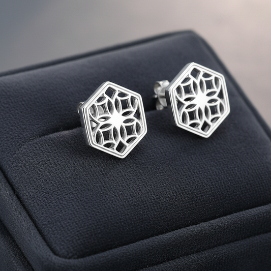 Sterling Silver Stud Earrings with Hexagon Filigree