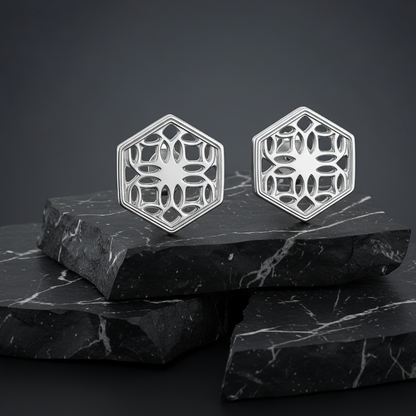 Sterling Silver Stud Earrings with Hexagon Filigree