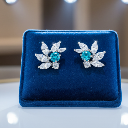 Deep Aquamarine CZ Bridal Earrings in Silver