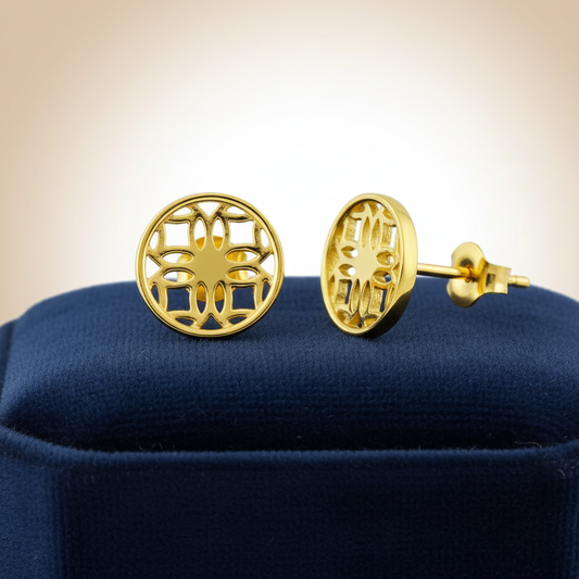 Gold Stud Earrings with Round Filigree
