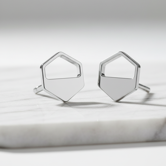 Silver Hexagon Cutout Stud Earrings