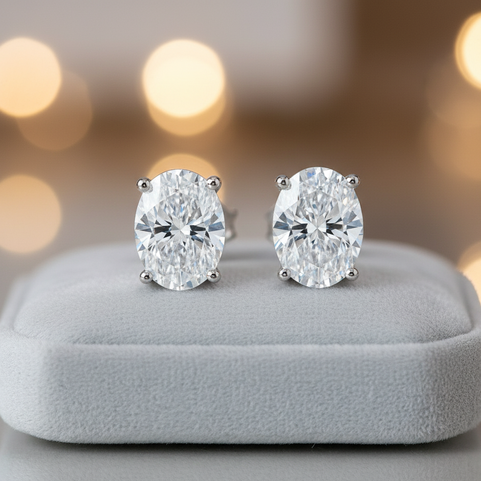 Silver Oval Crystal Earrings