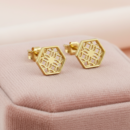 Gold Hexagon Lace Filigree Stud Earrings
