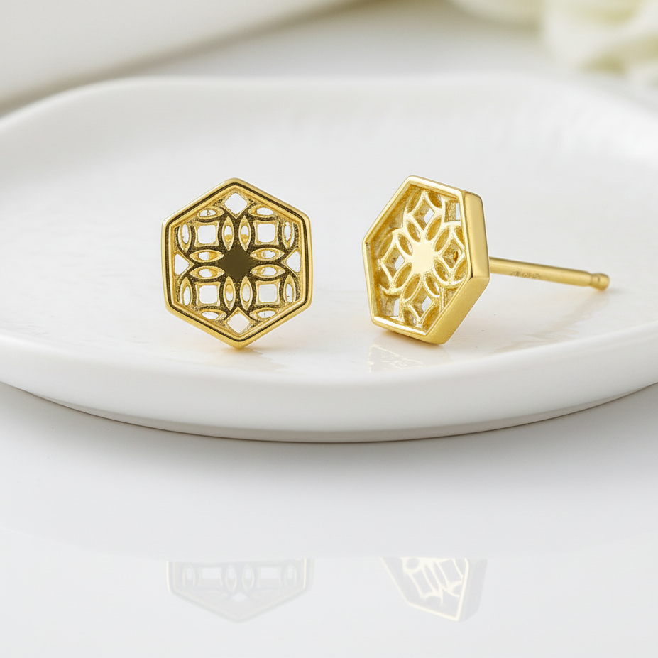 Gold Hexagon Lace Filigree Stud Earrings