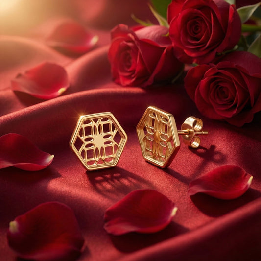 Gold Hexagon Lace Filigree Stud Earrings