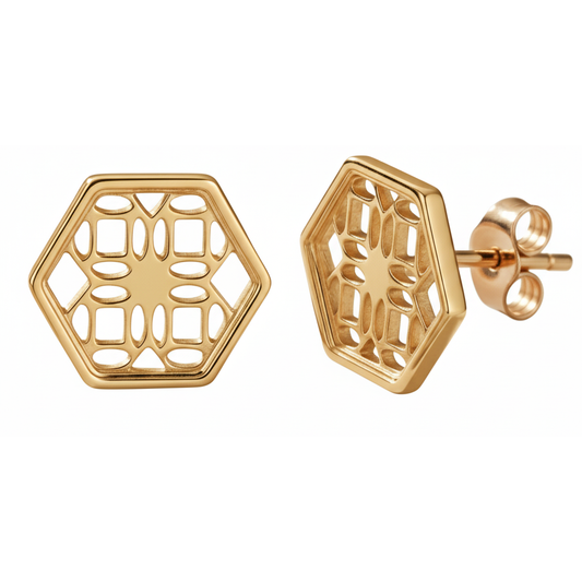 Gold Hexagon Lace Filigree Stud Earrings