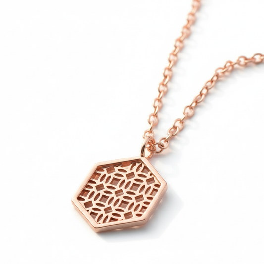 Rose Gold Necklace with Hexagon Lace Filigree
