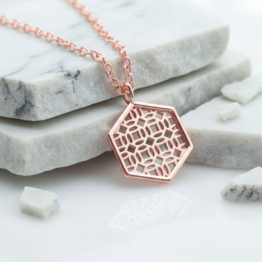Rose Gold Necklace with Hexagon Lace Filigree