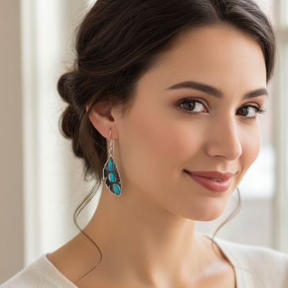 Sterling Silver Turquoise Feather Necklace and Earring Set