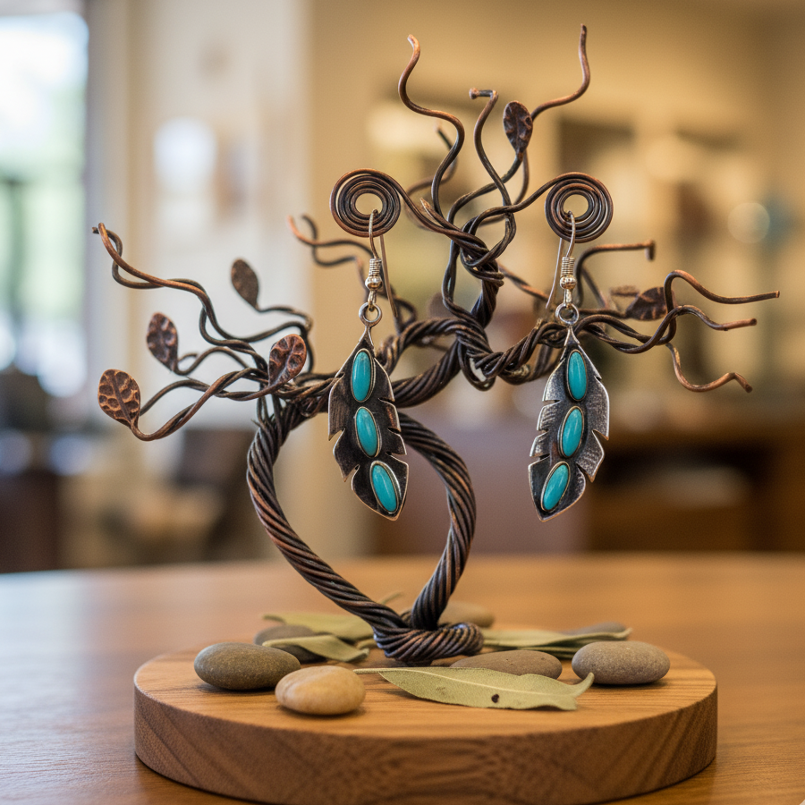 Sterling Silver Turquoise Feather Necklace and Earring Set