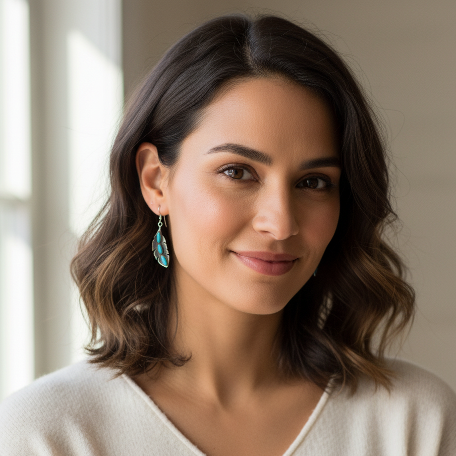 Sterling Silver Turquoise Feather Necklace and Earring Set