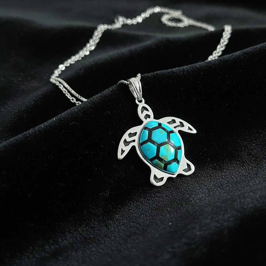 Sterling Silver Turquoise Turtle Pendant Necklace