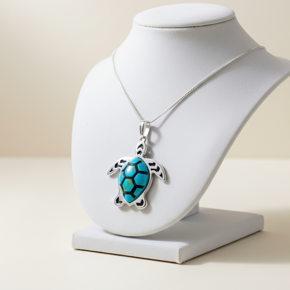 Sterling Silver Turquoise Sea Turtle Pendant & Earrings Jewelry Set