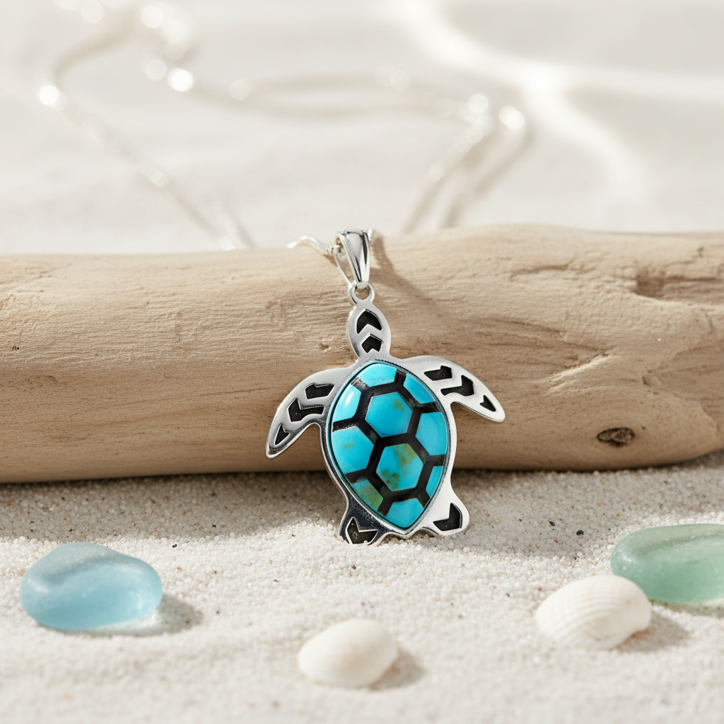 Sterling Silver Turquoise Turtle Pendant Necklace